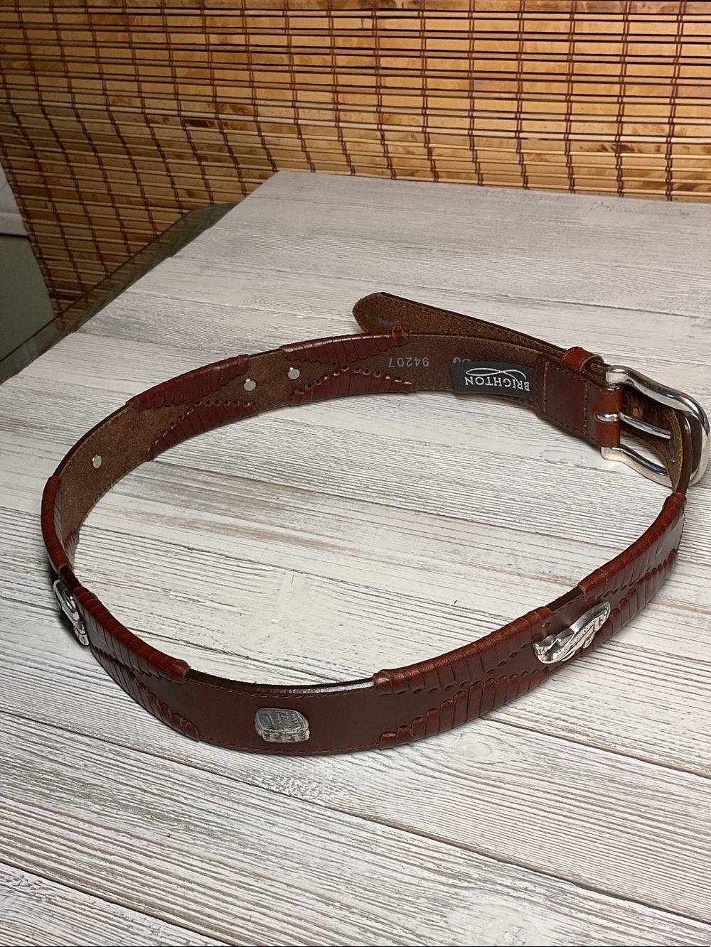 Vintage BRIGHTON leather belt FLY FISHING brown 30 concho golf PREPPY ivy league